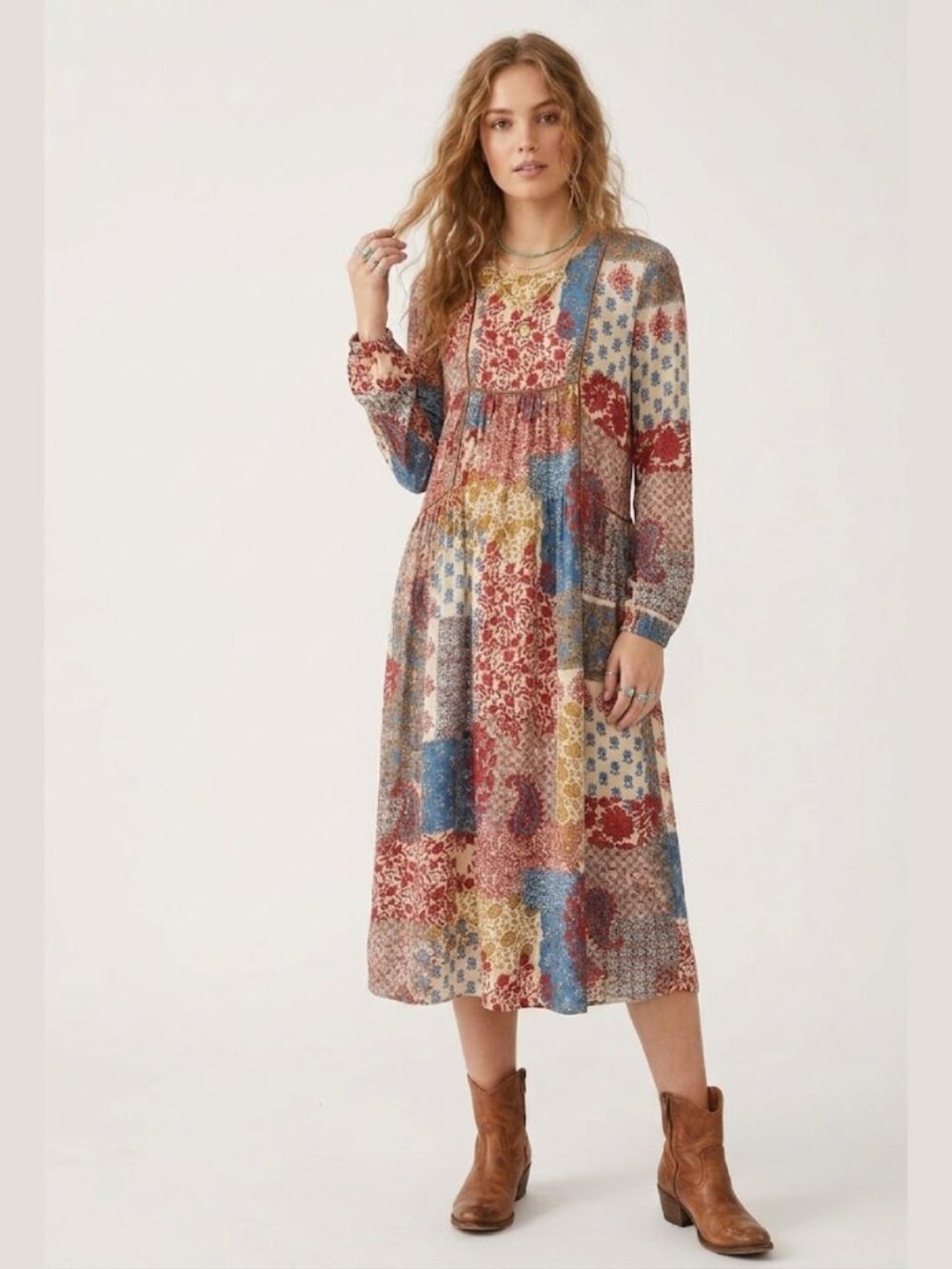 ZARA Boho Patchwork Midi Dress Sz XS Paisley Floral Prairie Cottagecore Folklore - Picture 1 of 6